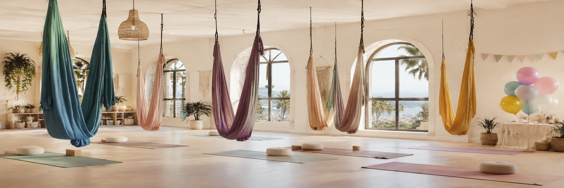 סטודיו יוגה ערסלים מואר עם ערסלים צבעוניים ואווירת יום הולדת לילדים